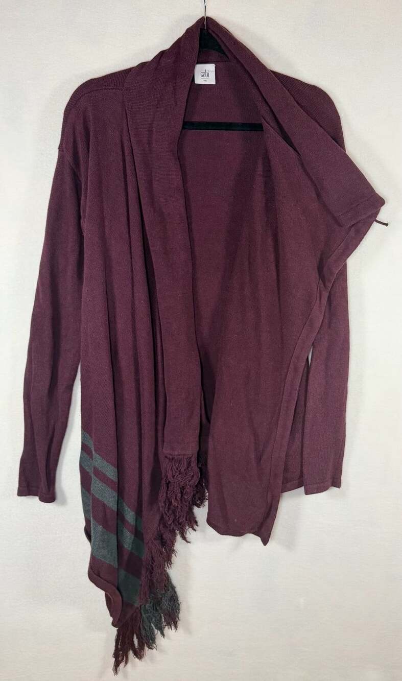 Cabi Fringe Wrap Cardigan Striped Shawl Sweater Port Wine Women’s Small